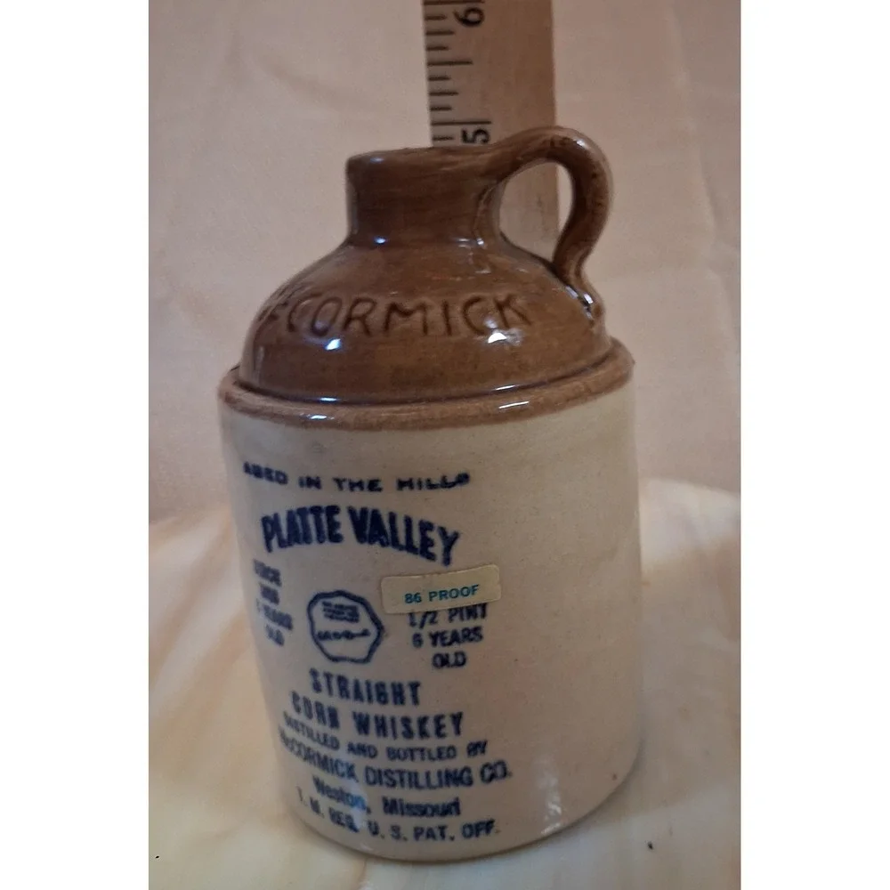 Vintage McCormick Platte Valley Corn Whiskey Stoneware Jug 1/2 Pint 168-69 5.25